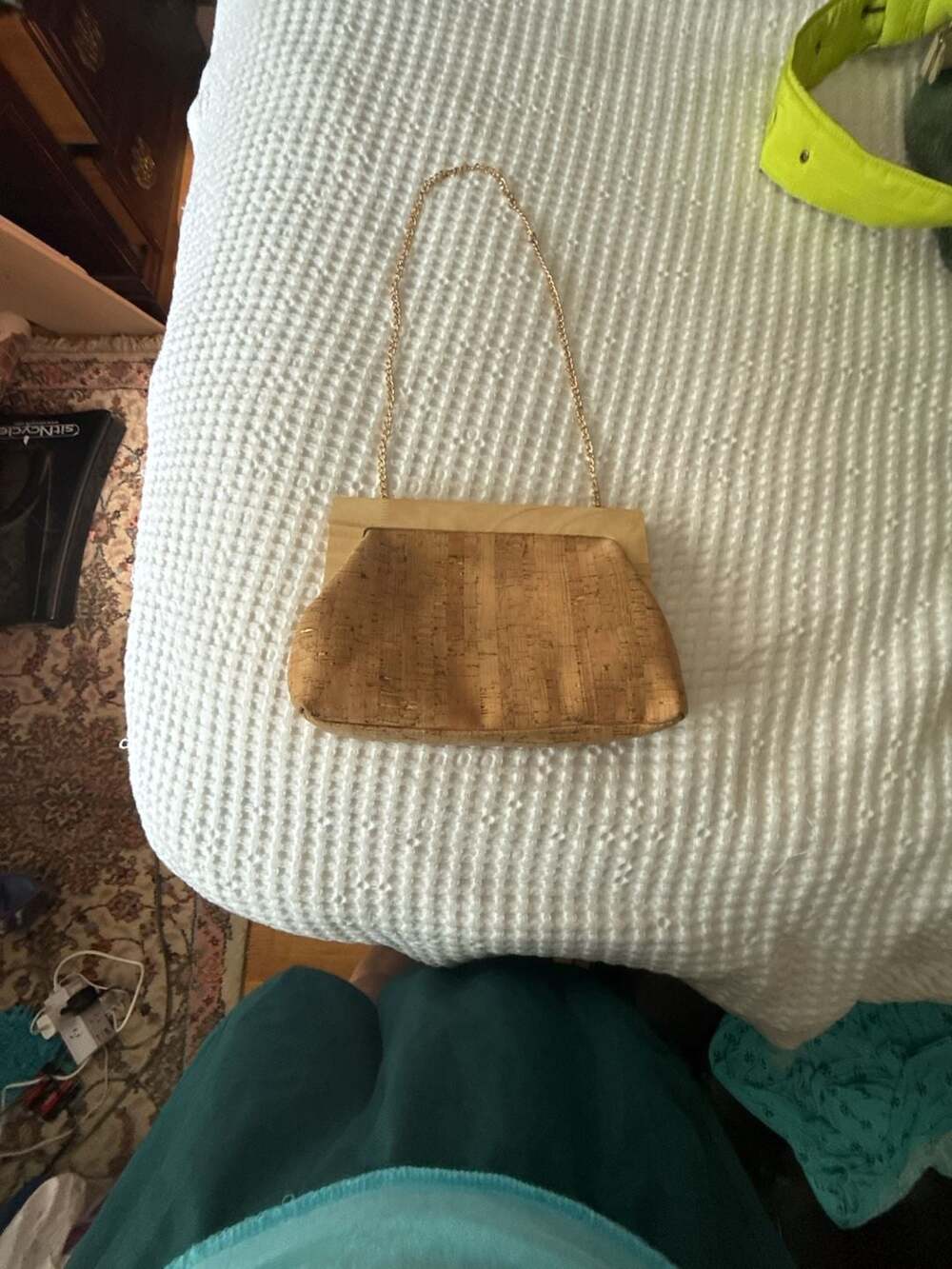 Cork and Wood Kiss Lock Clutch Evening Bag with Gold Chain Strap